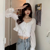Women Slim Tender Temperament Spring Long Sleeve Lady Blouses Lace-up Solid All-match Breathable Stylish College Crop