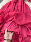 Rose Red/White Lace Hollow Out Party Long Dress Elegant Bow Collar Puff Short Sleeve High Waist A-Line Maxi Vestidos