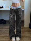 black cargo jeans with washed effect and heart