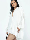 Fashion Women’s Button Down Shirts Dress Long Sleeve V Neck Solid Color Pleated Blouse Tops