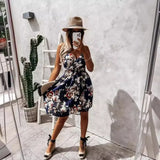 Zingj New Summer Fashion V Collar Floral Halter Waist Dress Women's
