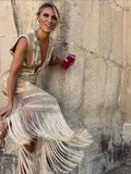 V Neck Printed Patchwork Tassels Maxi Dresses Women Elegant Sleeveless Slim Robes 2025 Fashion Lady Vacation Party Vestidos 211-1-Outfit