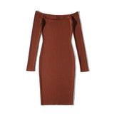 Sexy knitted off shoulder Cut Out Bodycon Solid Slim Dress Knee Length Long Sleeve Backless Casual Pencil