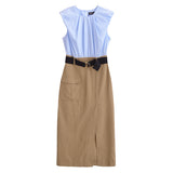 New Spring Style With Belt Collision Color Sleeveless Flute Dress