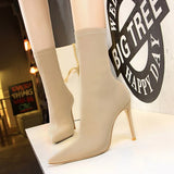 Zingj Simple Women's Boots Thin Heel Ultra High Heel Sexy Nightclub Pedicure Show Thin Pointed Lycra Elastic Ankle