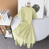 Two-Color Short-Sleeved Pleated Irregular Dress In