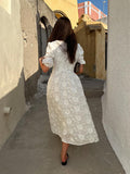 Women's Printed Single Breasted White Dress Fashion V-neck Short Sleeved Split Pleated Dresses 2024 New Ladies Vacation