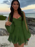 Green Pleated Mini Dress For Women Summer Sexy V-neck Split Long Sleeve A-line Dresses 2024 Casual Lady Beach