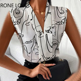 Women Casual Sleeveless All Over Print V Neck Sexy White Blouses