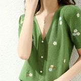 summer ice silk cotton short sleeve new small full body embroidery Knitted Top T-shirt