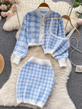 Autumn Knit Plaid Cardigans + Camisole + Skirts 3pcs Sets Korean Short Sweater Coat + Vest + Mini Skirt Suits Women