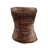 Shooting Denimed Tie-Dye Printing Mesh Yarn Tectar Tset With Chest Cushion Anti-Slip Vest Short Top