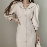Zingj Wind Chic Minimalist Temperament Lapel Single Breasted Waist Bubble Sleeve Package Hip Fish Tail Dress Dress