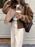 Vintage Lapel Neck Pocket Loose Short Leather Jacket- Outfit