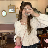 T-shirts Women Puff Long Sleeve Pleated Retro Design Fashion Chic Gentle Autumn Ulzzang Simple Square Collar