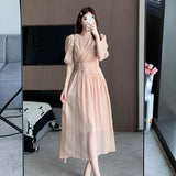 New French Midi Dresses for Women 2023 Elegant Party V-neck Bubble Sleeve Small Fresh Temperament A-line Female