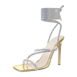 Onlymaker Women's Summer Crystal Lace-Up Stiletto High Heel Sandals Multicolor Square Toe Cross Strap PVC Bling