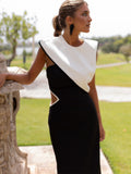Women Fashion Contrasting Hollow Out Maxi Dress Elegant O Neck Sleeveless High Waist Long Dresses Summer Lady Chic Party