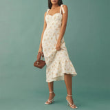 For Women Elegant Vintage Floral Dress Frill Sweetheart Neck Sleeveless Strap Tie Ruffle Hem Summer Beach
