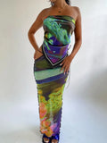 Fashion Mesh Vacation Two Piece Set Women Summer Bandage Strapless Tube Top+Hollow Maxi Skirt Matching Beach