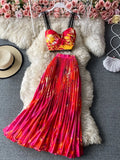 Vacation Beach 2pcs Set Women Floral Printed Short Strapless Tops And High Waist Pleated Long Skirt Suit Spring