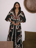 Coconut Printed Grove Puff-sleeve V-neck Maxi Dress Women Elegant Buttons A-line Dresses Summer New Lady Street
