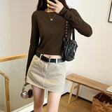Three-Dimensional Fishbone Round-Necked Blouse Women's Long-Sleeved Autumn And Winter New Minority Short Spicy Girls T-Shirt