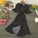 Women Blue/Green/Pink Polka Dot Dress 2023 Vintage High Waist A-line Ladies Vestidos Verano Casual V-neck Dresses