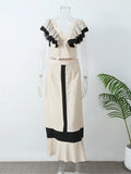 Contrast Patchwork Maxi Skirts 2 Piece Sets Women V Neck Ruffles Sleeve Cropped Top Suit 2024 Elegant Lady Vacation