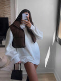 Women Fashion Brown Cropped Vest Coat Female Stand Collar Zipper Waistcoat Ladies Casual