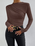 Solid Color Trim Bottom Shirt Folding Design Long-Sleeved T-Shirt Lady
