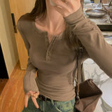 U-Collar Half-Breasted Thread Bottomed Shirt Women's Spring And Autumn New Shoulder Long-Sleeved T-Shirt With Solid Color