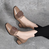 Zingj Spring New High Heels Square Head Thick Heel Middle Heel Work Shoes Square Button Head Layer Cowhide Four