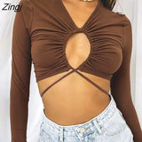 Women’s Long Sleeve T-shirt Fashion Solid Color Hollow Tie-up Exposed Navel Tops Spring Autumn Streetwear