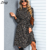 PETAL Speckled Print A-Line Midi Dress For Woman Sexy High Neck Long Sleeve Party Dress 2023 Spring Autumn Female