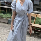 Korean Fashion Midi Dress Women Chic Elegant V-neck Cross Lace-up Solid Puff Sleeve Casual Dress Summer One Piece