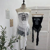 Shot With Anti-Slip Letter Print Chest Vest Tsets Lace Splicing Mesh Yarn Irregular Top