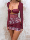 Purple Patchwork Long Sleeve Bodycon Mini Dress- Outfit