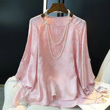 Printed Mulberry Silk Blouse Women's New Chinese Style Disc Button Round Collar Imitation Silk Shirt In Summer