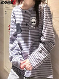 Striped Long Sleeve T-shirt Women Japanese Fashion Y2k Aesthetic Grunge Tees Streetwear All Match Pocket Top