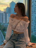 Women Top Sexy Blouse Off Shoulder Top Long Sleeve Solid Color White Shirt Puff Sleeve Ruffle Tunic Crop Top Summer Tube