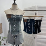 Sexy Water Wash Denim Pocket Spliced Lace Bra Design Without Strap Vest