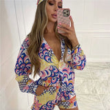 Print 3 Piece Sets Women Long Sleeve Blouses Top Shirt Mini Short Y2K Aesthetic Vintage Summer Vacation Matching