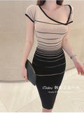 Zingj Korea Dongmen Summer Style Oblique V-Collar Shoulder Horizontal Stripe Knitted Color Dress Knitted Fabric Tight