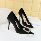 Zingj Fashion Banquet High Heels Fine Heel Shallow Pointed Satin Metal Water Diamond Buckle Single Shoe