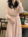 Spring New Women One Piece Fashion Elegant Long Sleeve Casual Pleated Midi Dresses With Belt Female Clothes