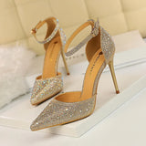 Zingj Korean Version Of Sweet High Heels With High Heel Shallow Pointed Hollow Out A Word With Shiny Rhinestone