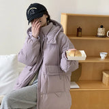 Korean Large Pocket Long Down Jacket Female 2024 Winter Fashion Thick Hooded Over The Knee Sweet White Duck Down Coat-Outfit