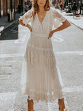Dress Women Sexy White Dress Female Fashion V Neck Short Sleeves Summer Dress Ladies Hollow Out Maxi Dress Robe