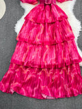 Women Vintage Tie Dye Printed Ruffle Pleated Long Dress Purple/Red/Blue/Green Stand Collar Single Breasted Maxi Robe